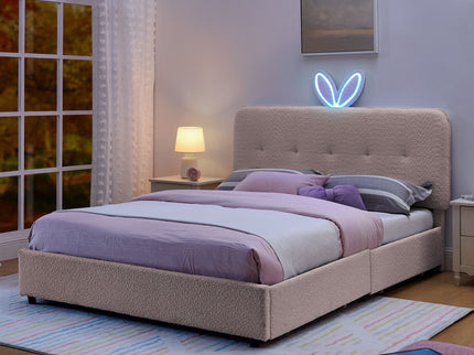 Upholstered Bed With Oversized Rabbit Ear Headboard, LED Lights & 4 Storage Drawers