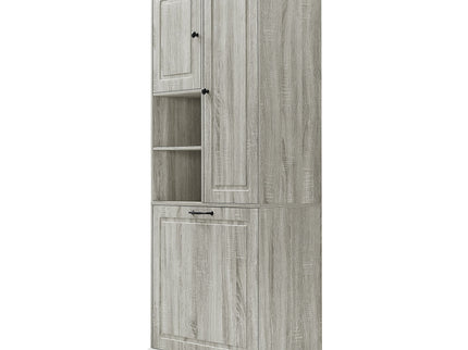 Modern Tall Storage Cabinet With Adjustable Shelves, Flip-Out Basket & Enclosed Doors