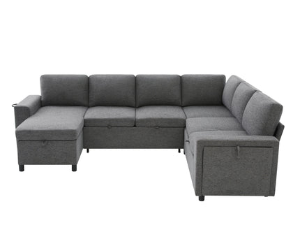 U - Shaped Convertible Sectional Sofa Bed With Storage, USB Charger & Cup Holders