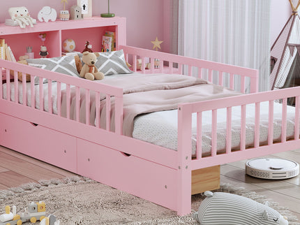 Bed With Headboard Storage Rack, 2 Under Bed Drawers, 3 Side Guardrails For Safety