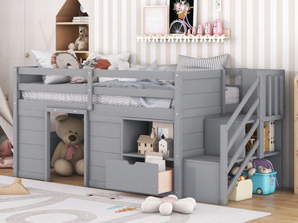 Low Loft Bed With Stair, Drawer, And Shelf