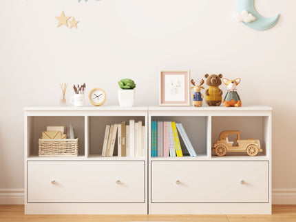 Toy Storage Organizer With Large Drawer And Low Bookshelf For Nursery & Playroom - White