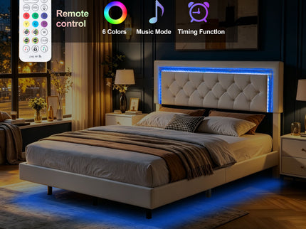 Platform Bed Frame With Adjustable Upholstered Headboard, RGB LED Lights, No Box Spring Needed