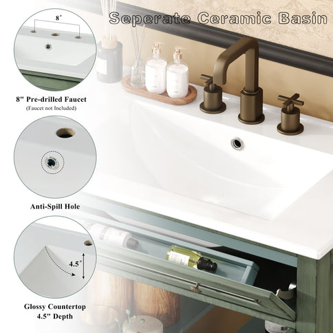 Bathroom Vanity With Rectangle Sink, Tip Out Tray - Antique Blue Green