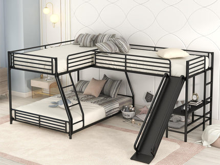 L-Shaped Twin Over Full Bunk Bed With Twin Loft, Built In Desk And Slide - Black