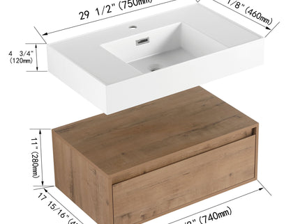 Wall Mounted Bathroom Vanity With Resin Sink And Soft Close Drawer In Imitative - Imitative Oak