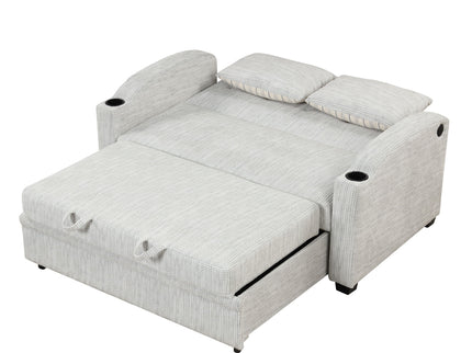 Pull Out Loveseat Sofa With Adjsutable Backrest, 2 Pillows, Cup Holders, USB Ports For Living Room