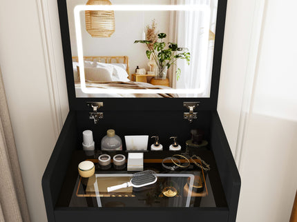 3 In 1 Vanity Desk With Open Top Mirror, Glass Desktop Makeup Set With 3 Drawers, Compact Dressing Table For Bedroom - Black