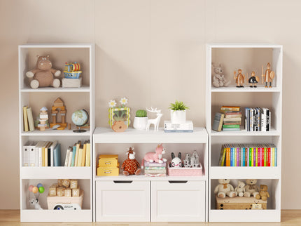 Book Organizer With Large Drawers And Open Shelves, Toy Storage Cabinet With Removable Wheels And Rounded Edges - White