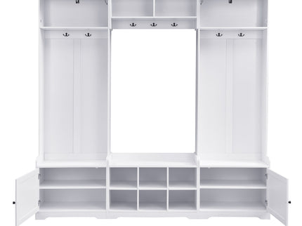 Wide Hall Tree With Shoe Storage, 4 In 1 Entryway Bench With 8 Cubbies, 7 Coat Hooks & Adjustable Shelf For Hallway - White