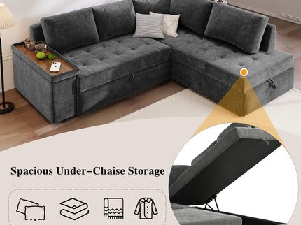 L Shaped Couch With Pull Out Bed And Storage Sectional Sleeper Sofa With Hidden Storage, Wide Armrest With Storage, For Living Room, Apartment, Bedroom, Office
