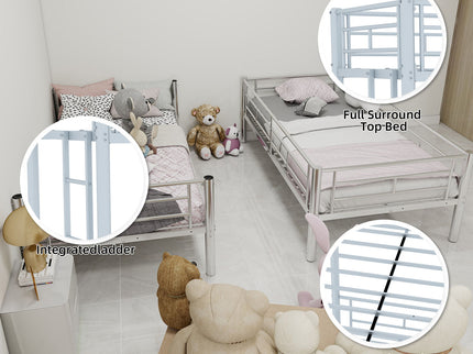 Metal Bunk Bed For Kids, Convertible Bedframe With Ladders & Guardrail