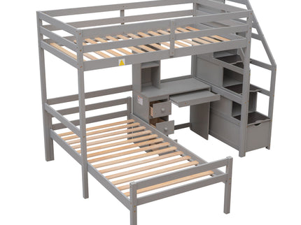Loft Bed With Stand Alone Bed, Storage Staircase, Desk, Shelves, And Drawers
