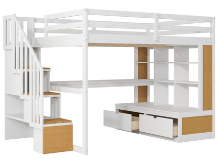 Full Size Loft Bed With Desk And Shelves, 2 Built In Drawers, Storage Staircase - Natural / White