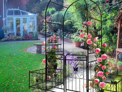 Metal Garden Arch With Gate High Climbing Plants Support Rose Arch Outdoor - Black