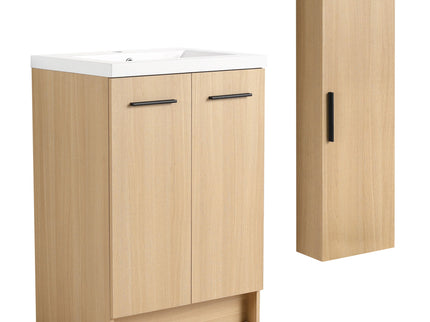 Freestanding Bathroom Vanity Set With Tall Linen Cabinet, Single Sink, Extra Storage, Soft Close Doors - Glossy White / Light Oak