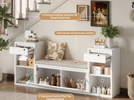 Entryway Storage Bench With Cushion, Drawers & Open Shelves
