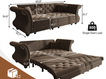 Oversized Chesterfield Pull Out Sofa Bed, Roll Arm Couch With Flower Tufting For Living Room