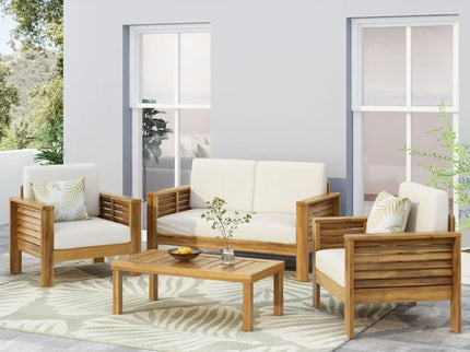 Acacia Wood Loveseat And Coffee Table Set With Cushions