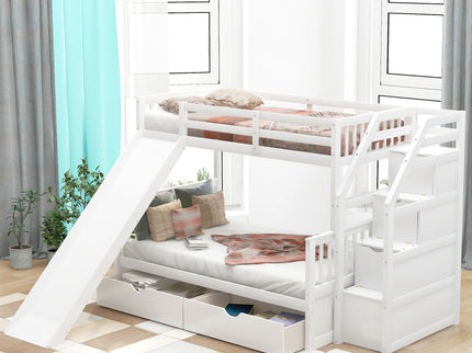 Bunk Bed With Storage Staircase, Slide, Desk, Drawers, And Shelves