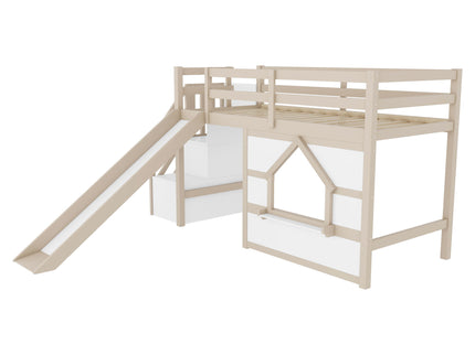 Loft Bed With Storage Stairs, Slide, Playhouse Window And 7 Colors LED Lights