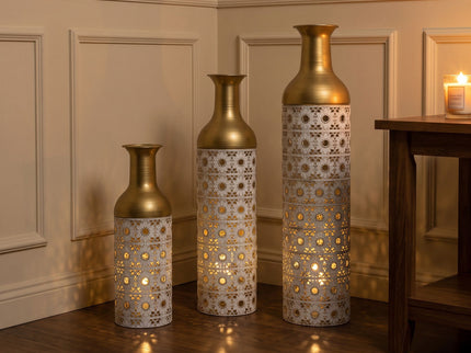 Handcrafted Cutout Hollow Tall Standing Floor Vase, Home Decor (Set of 3) - White / Gold