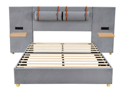 Upholstered Platform Bed, 2 Outlets And USB Charging Ports On Both Sides, 2 Bedside Pillows, Storage Shelves