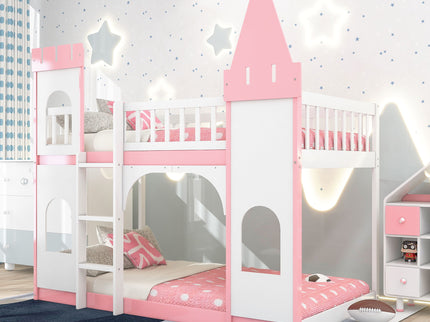 Twin Over Twin Castle Bunk Bed With Ladder - Pink
