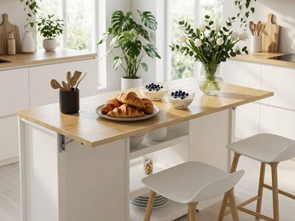Drop Leaf Kitchen Island With Storage, Power Outlet & Pet Bowl Drawer - White / Light Oak