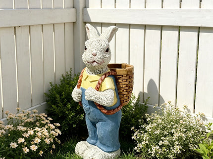 Simulated Couple Rabbit Statue Flower Pot Ornament, Resin Garden Sculpture Decor - Blue / White