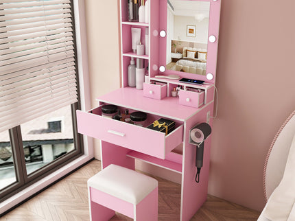 Vanity Table With Mirror, Adjustable LED Lights, Power Outlet, Hairdryer Holder & Stool