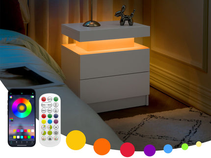 Modern LED Bedside Table Cabinet With Adjustable Lights And 2 Drawers - White