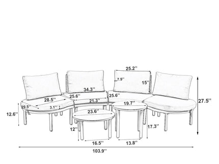 6 Piece Patio Set, Half Moon Outdoor Sectional Sofa With 2 High Low Coffee Tables, 4 Pillows & Cushions