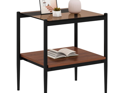 Modern Rectangle End Table (Set of 2) With Tempered Glass Tabletop And Layer - Brown