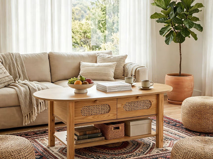 Oval Coffee Table With With 2 Storage Drawers For Living Rooms - Wood