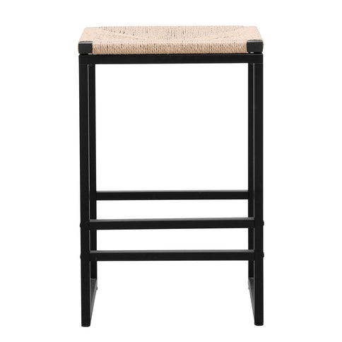Boho Style Backless Bar Stools (Set of 2) With Paper Rope Woven Seat & Metal Frame For Kitchen Counter