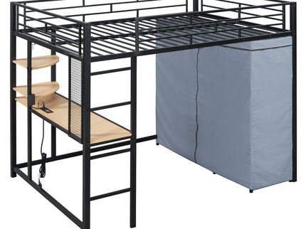 Loft Bed With Desk, Shelves, Power Outlet, LED Light And Wardrobe