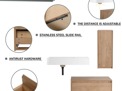 Modern Wall Mounted Bathroom Vanity With Resin Sink And Side Cabinet, Soft Close Drawer, Imitative - Imitative Oak
