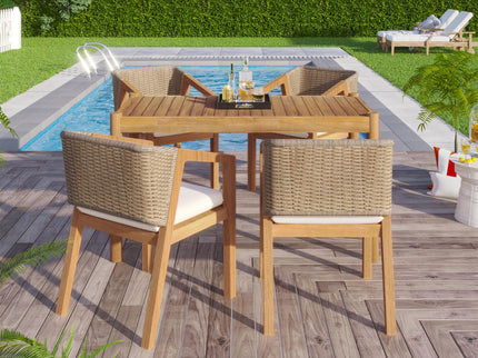 Outdoor Dining Set 1 Table 4 Chairs (Set of 5) - Teak / Beige