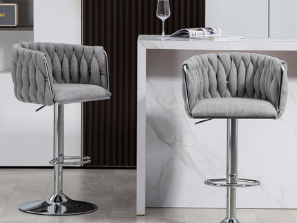 360 Degree Swivel Bar Stools Adjustable Counter Height Bar Chairs With Woven Back & Footrest, Silver Chromed Bar Stools For Kitchen Island (Set of 2) - Gray