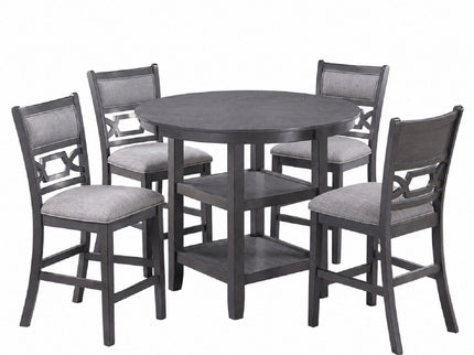 5 Piece Counter Height Dining Set With Storage Shelves Round Table And Upholstered High Chairs - Gray