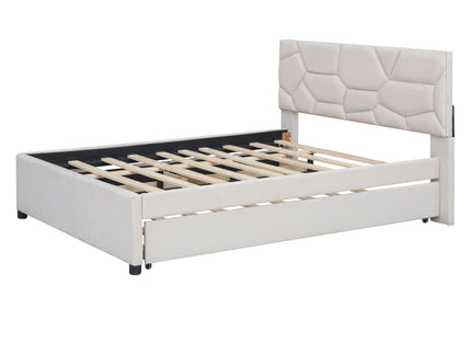Upholstered Platform Bed With Brick Pattern Headboard And Twin Long Size Trundle