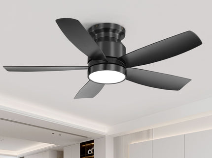 Flush Mount Ceiling Fan With 18W LED Light And Remote Control Blades - Black