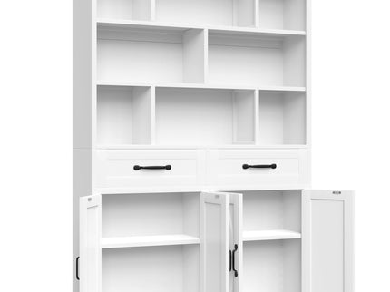 Bookcase Tall With 2 Doors & 2 Drawers, Fixed Open Shelves - White