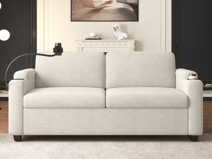 Sleeper Sofa Loveseat Sofa With Full Size Mattress, 2 USB Ports, 2 Cup Holders, 2 Side Pockets And Phone Holder