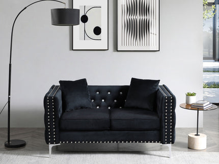 Wide Sofa With Jeweled Buttons Square Arm, 2 Pillows