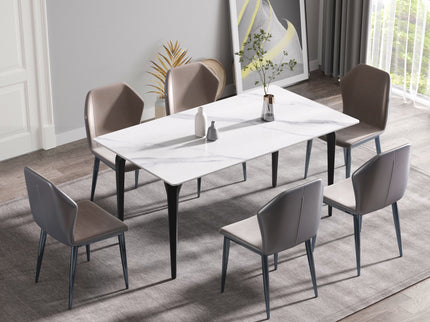 63" Modern Artificial Stone White Straight Edge Black Metal Leg Dining Table, 6 People - White / Black