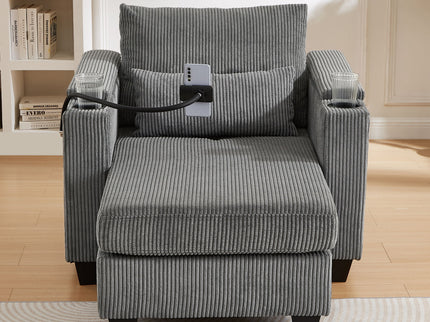 Convertible Chaise Lounge Sofa Chair With USB Ports, Cup Holders, Phone Holder And Storage
