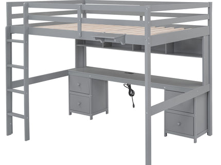 Loft Bed With Desk, Cabinets, Drawers, Charging Station And Bedside Tray