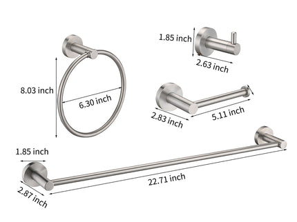 Bathroom Set 4 Pack With Towel Bar Racks, Toilet Paper Holder, Ring, Hook, Stainless Steel - Brushed Nickel